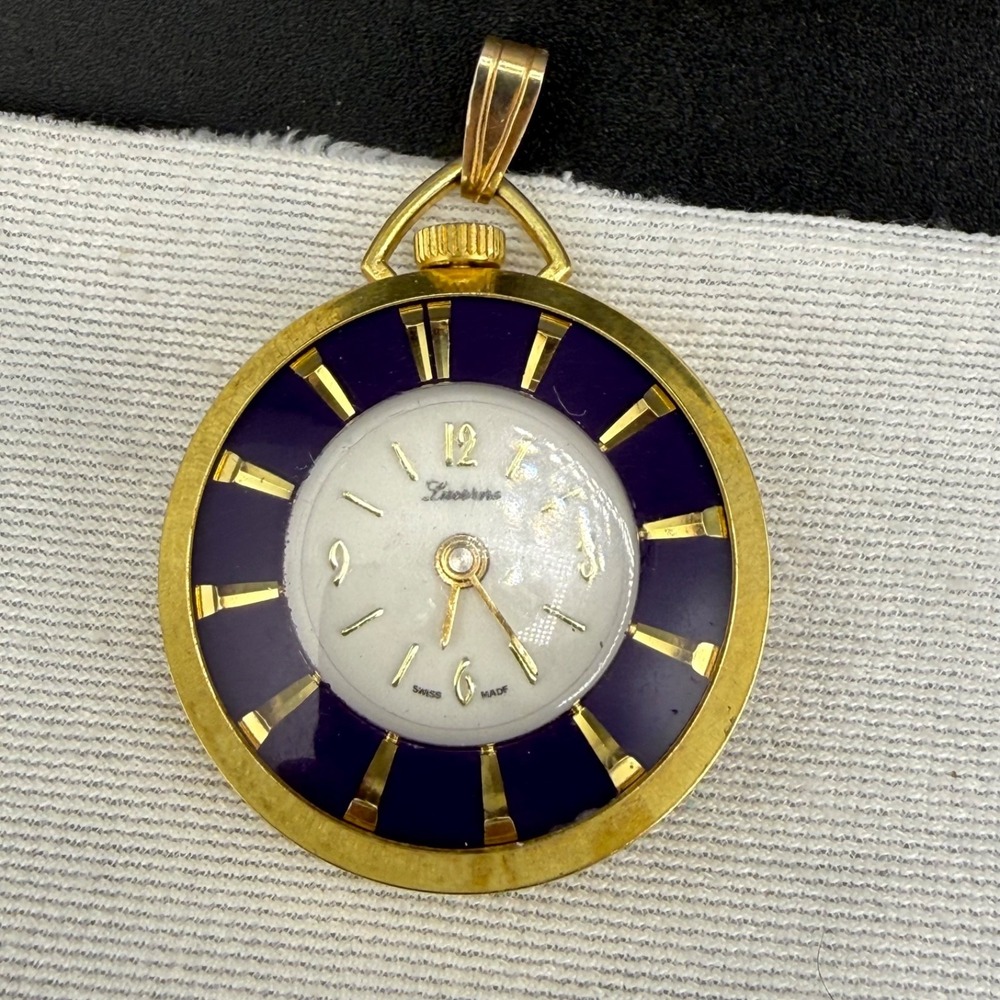 Vintage Lucerne Woman's Pocket Watch Gold Tone Blue Enamel Does Not Wind Or Tick